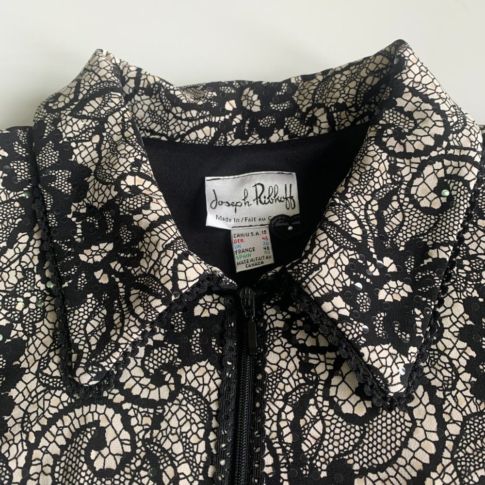Joseph Ribkoff Vintage Spangle Black White Floral Full Zip Sequin Women Jacket
